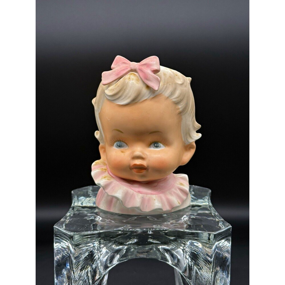 INARCO E-3156 Japan MCM Ceramic Baby Girl Head Planter White & Pink